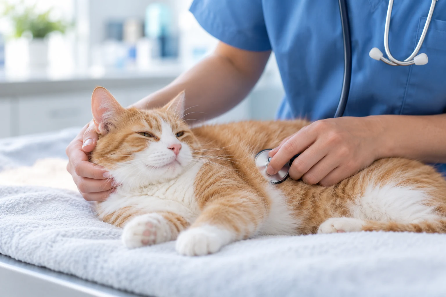 Un gatto tranquillo riceve un’attenzione gentile durante una visita veterinaria; immagine illustrativa